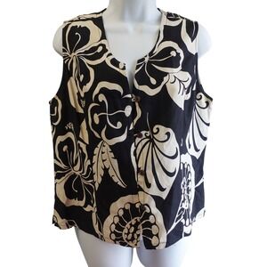 Hilo Hattier Top Womens Med Black Cream Floral Tropical Hawaiian Shirt Retro VTG